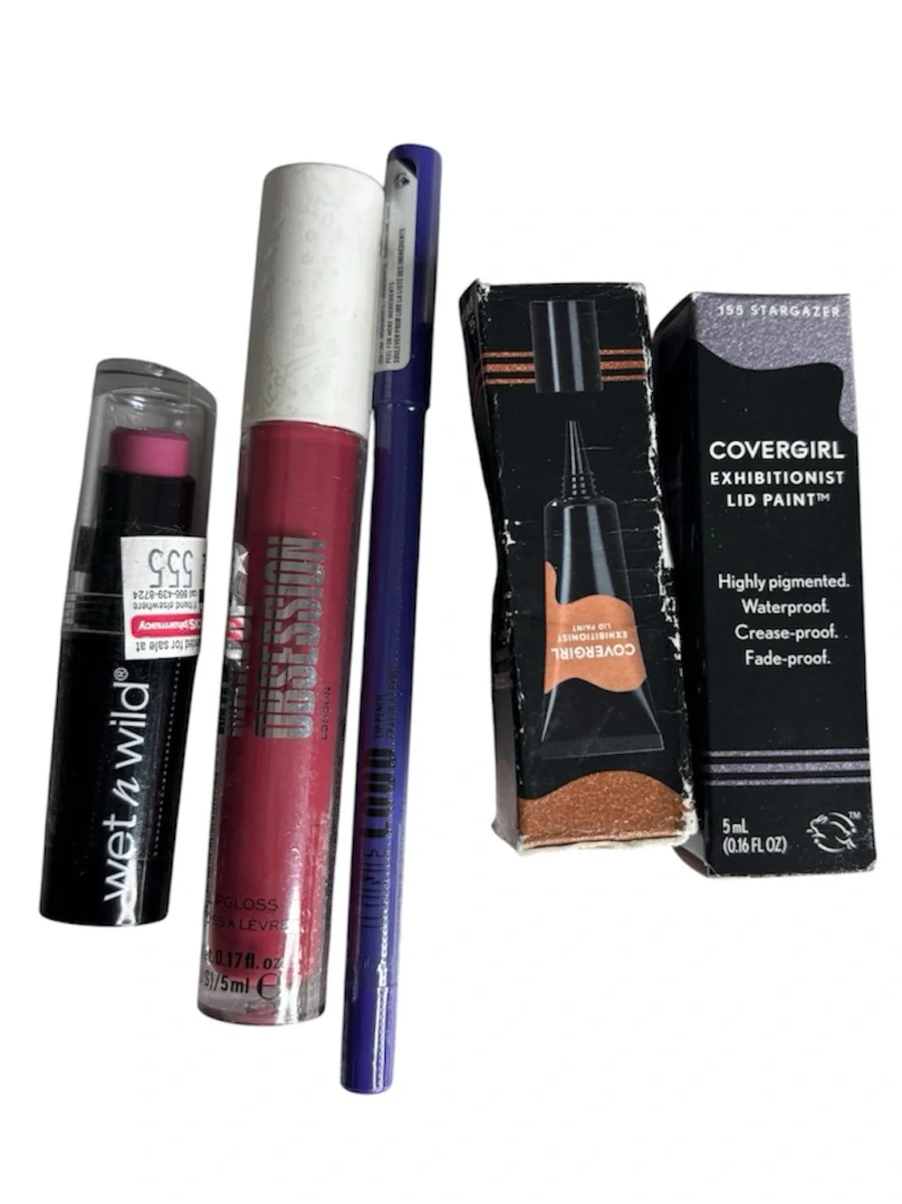 CoverGirl Exhibitionist Lid Paint + Wet n Wild Lipstick + NYC pencil & Gloss Set